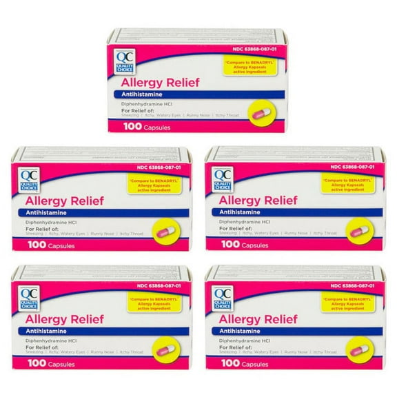 5 Pack Quality Choice Allergy Relief Antihistamine Medicine 100 Capsules Each