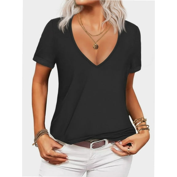 Women Fashion Deep V-Neck Short Sleeve Tops Solid Casual Loose Basic T Shirt