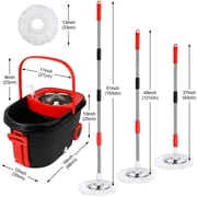Spin Mop Bucket with Wringer Set for Home, 360° Extended Stainless Steel Handle, 3 Microfiber Replacement Mop Head Refills, 2 Wheels for Floor Cleaning, Black/Red
