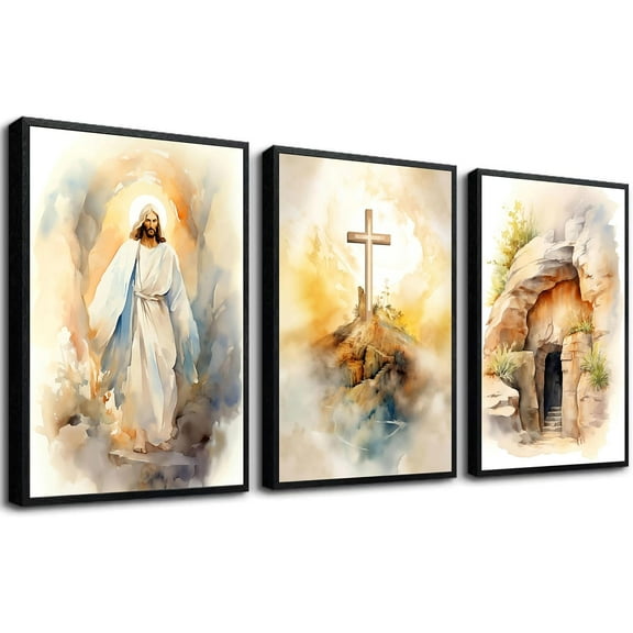 Jesus Canvas Wall Art Bible Stories Wall Decor God Resurrection Ascension Painting Pictures Empty Tomb Cross Poster Prints for Bedroom Prayer Room Church Easter Home Decoration（Only canvas）