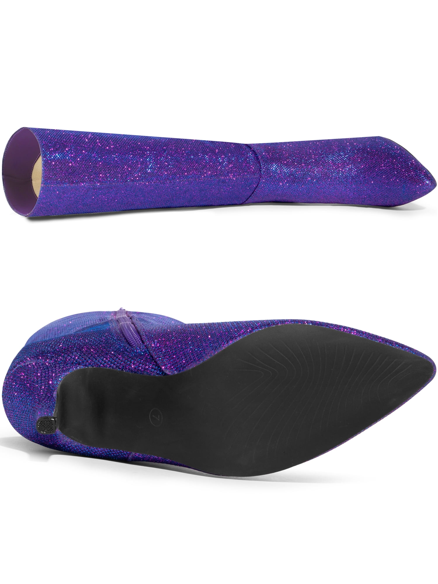 DARING DIVA Women's Pointy Toe Sparkle Glitter Stiletto Heel Knee High Boots Purple 6