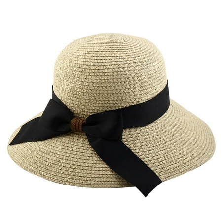 Straw Hats For Women - Women Lady Straw Bowknot Decor Brimmed Beach Hat Foldable Topee Floppy Cap Beige
