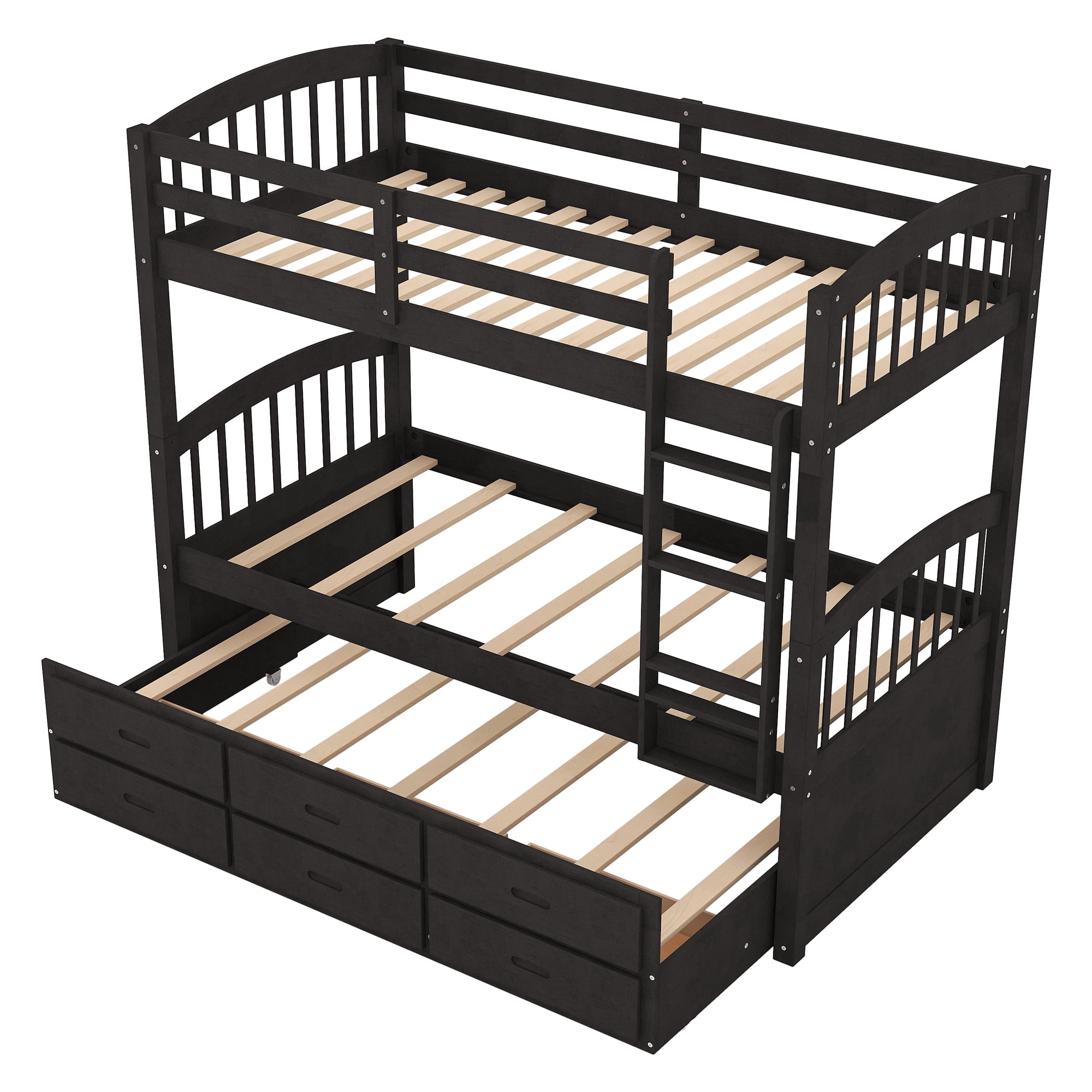 Euroco Twin Over Twin Wood Bunk Bed with Trundle and Drawers for Bedroom for Kids Teens, Dark Brown