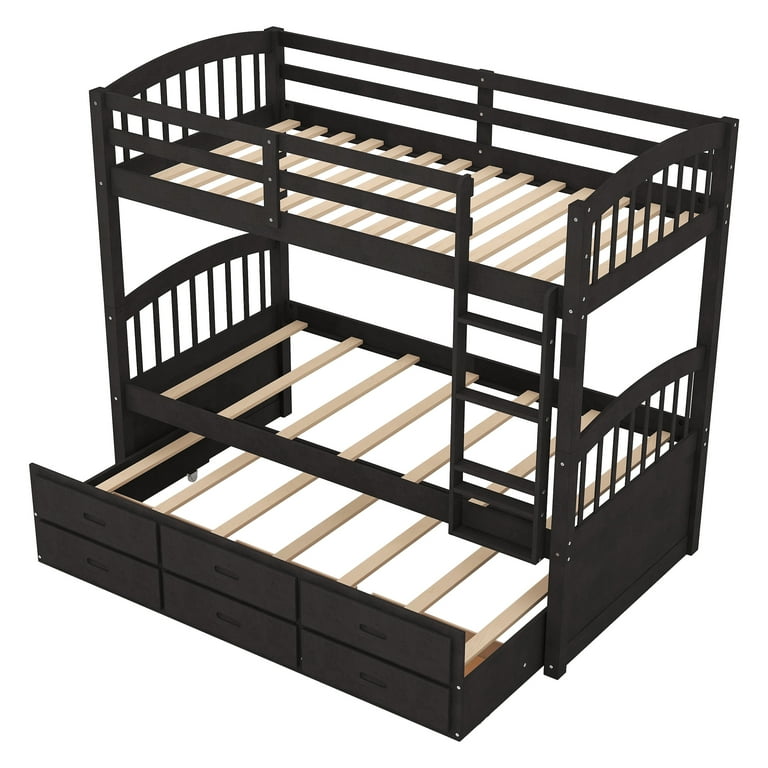 Euroco Twin Over Twin Wood Bunk Bed with Trundle and Drawers for