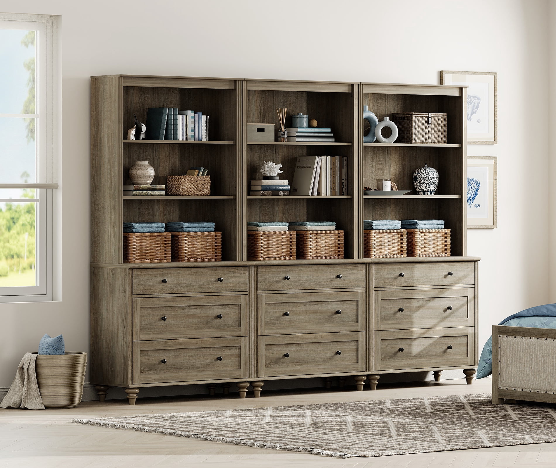 Farmhouse 5 Tier Bookcase With 9 Drawers, Wash Gray, 101.6" W