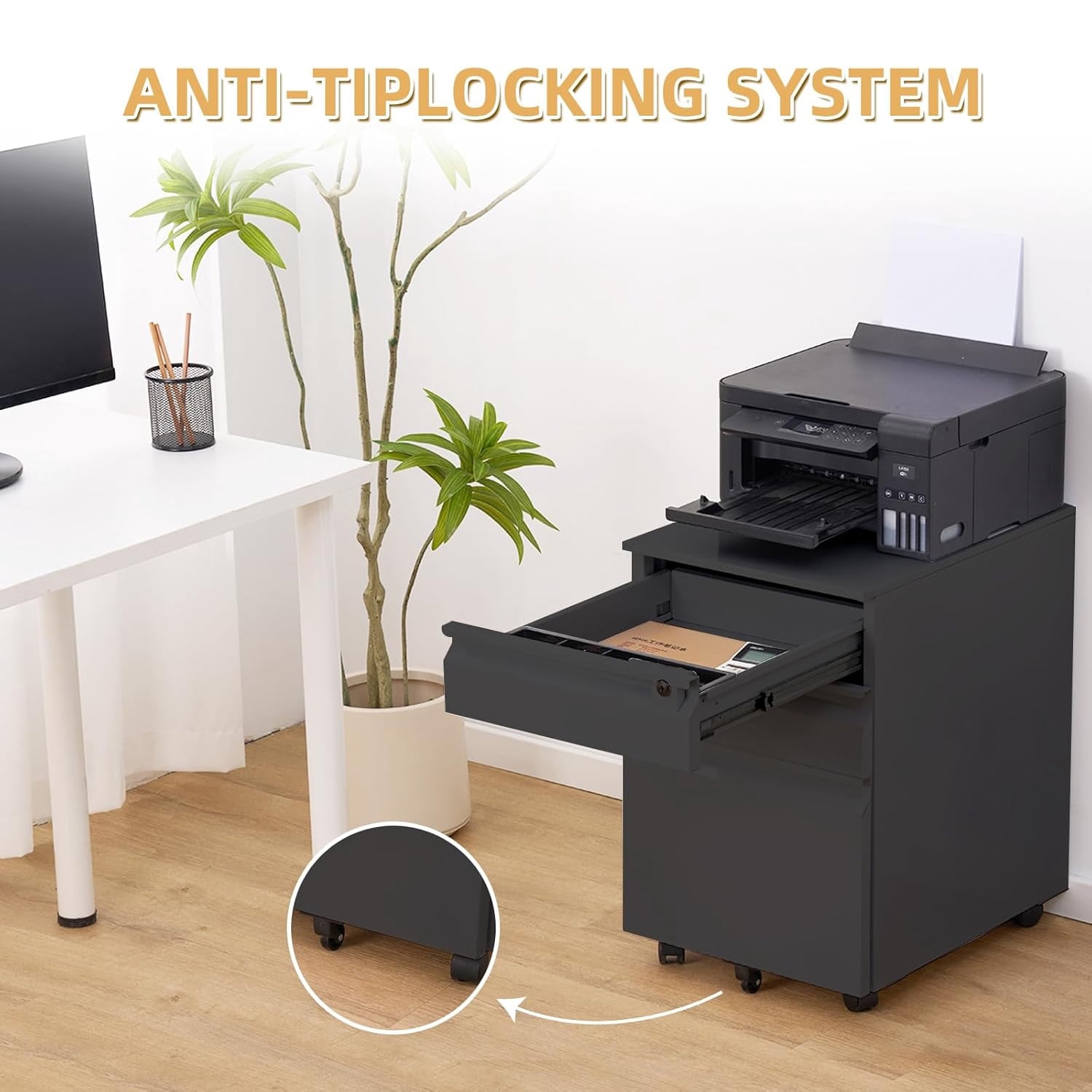 M optimized File Cabinets for Home Office Organizer, 3 Drawer Mobile File Cabinet with Lock & Anti-Tip Wheel, Under Desk Metal Filing Cabinets for Letters/Legal/A4