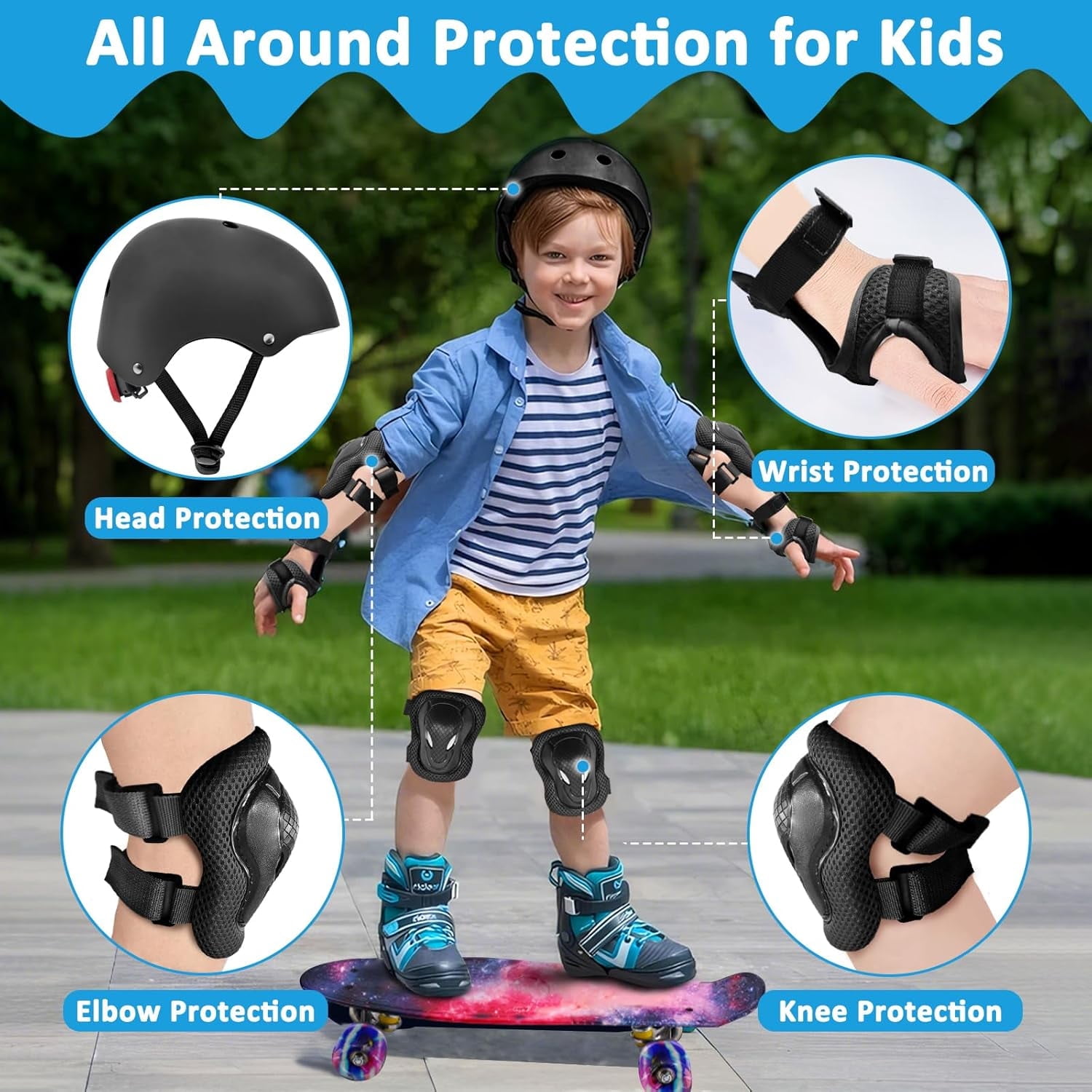 Yiomxhi Adjustable Kids Bike Helmet Set with Knee Elbow and Wrist Pads, Toddler Skateboard Helmet for Ages 3-5-8-14 Boys Girls, Protective Gear Set for Youth, for Scooters Rollerskates
