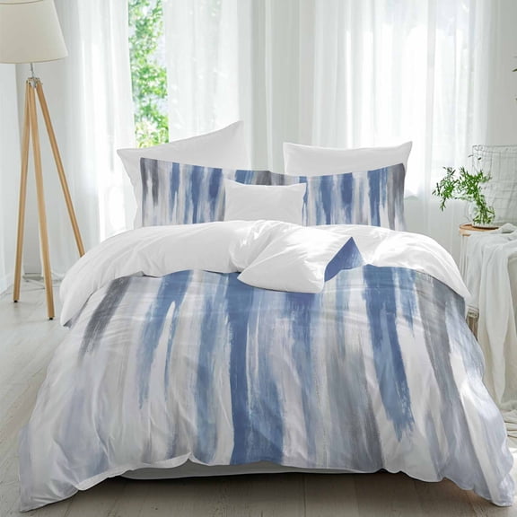 3 Piece Blue Gray Duvet Cover Set Queen Size,Microfiber Comforter/Quilt Cover with Corner Ties and 2 Pillowcases,Modern Simple Abstract White Ombre Texture All Season Soft Bedding with Zipper Closure