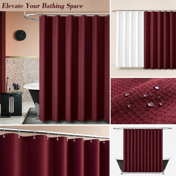 13PCS Fabric Shower Curtain - Waffle Weave Textured Heavy Duty Cloth Shower Curtains for Bathroom, Hotel Weighted Bath Curtain Set