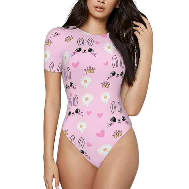 Balery Rabbit Face Body de cuello redondo de manga corta para mujer Tops de manga corta Tops básicos-X-Large