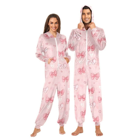 Adult Christmas Onesie White Pink Bow Heart Adult Zipper One-Piece Pajamas Unisex Pajamas with Pockets