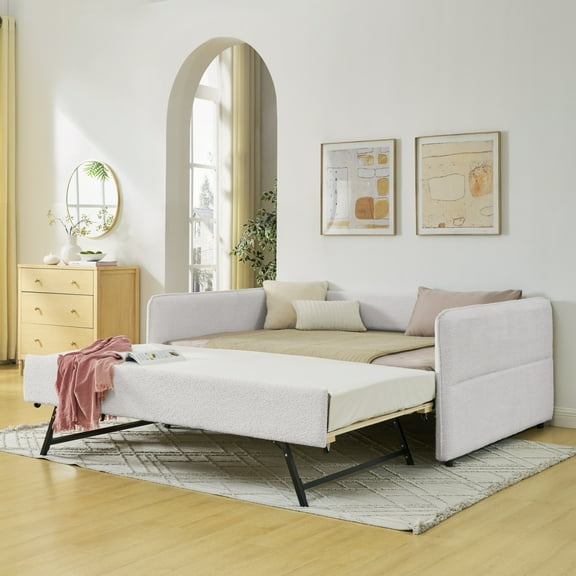 Miekor Furniture Daybed with Trundle Upholstered Tufted Sofa Bed, Full Size, Boucle Fabric, Beige(83"x58.5"x29.5") 20534