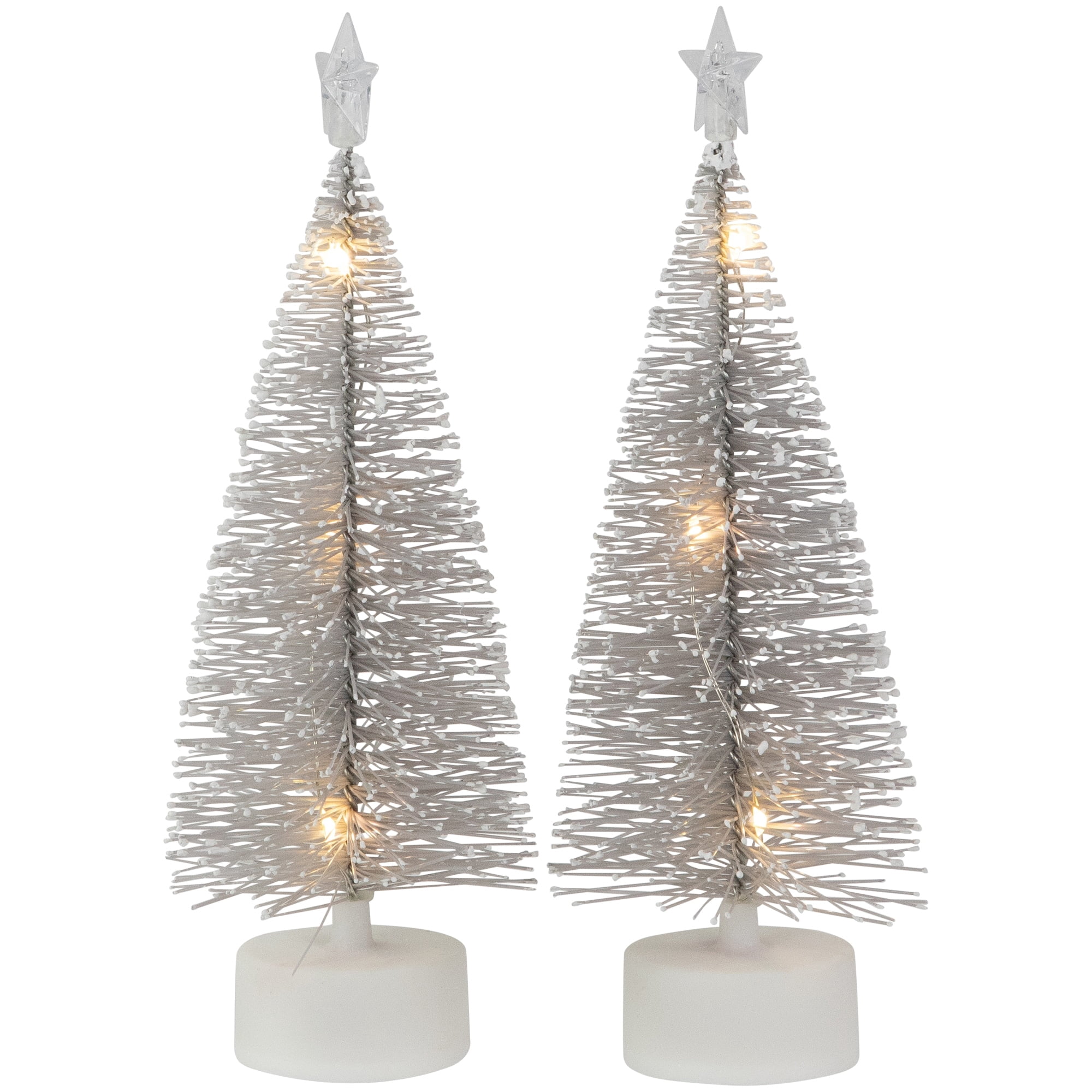 Set of 2 LED Pre-Lit Mini Bottle Brush Pine Christmas Village Trees - 7" Silver