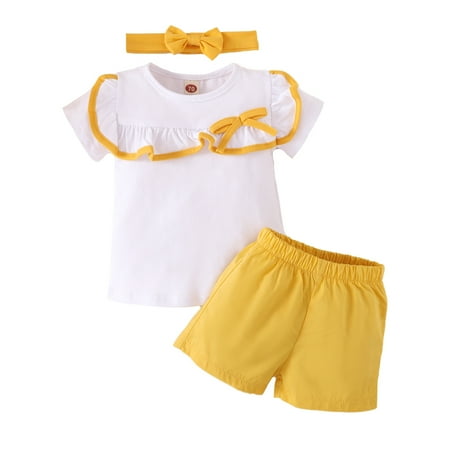 

KIMI BEAR Infant Girls Outfits 3 Months Infant Girl Spring Summer Outfits 6 Months Ruffles Pure Color Short Sleeve Tops + Shorts + Headband 3PCS Set Yellow