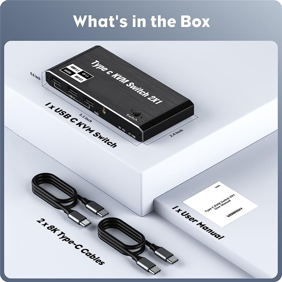AUBEAMTO USB C KVM Switch 8K@60Hz 4K@120Hz, 2 Port Type C KVM Switch for 2 Computers Share 1 Monitor, USB C KCM with 3 USB 2.0 Ports & 100W Power Delivery, 2 USB-C Cables Included