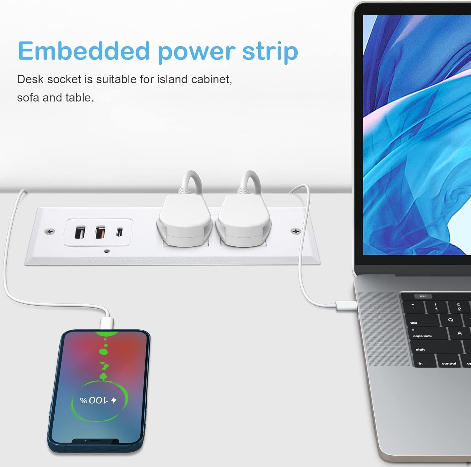 Recessed Power Strip with 20W USB C Port, Fast Charging USB A Port Desk Outlet, Furniture Hidden Charging Station for Side Table, End Table, with 6FT 45 Degree Flat Plug Extension Cord,White