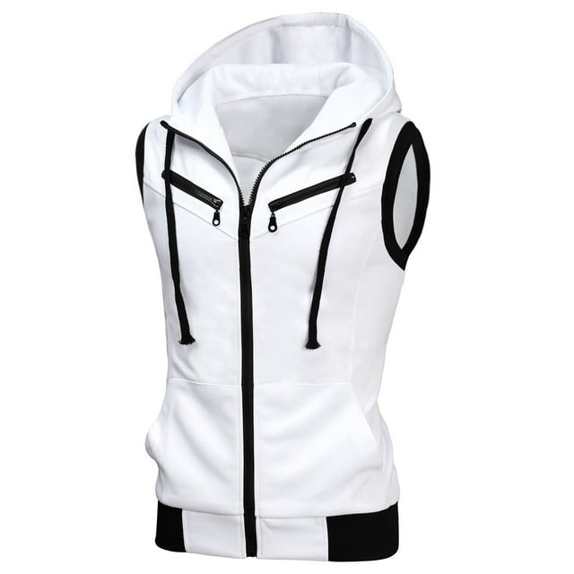 Chaleco sin mangas con capucy corte ajustado pahombre Chaquecon cordón y cremallecon bolsillos blanco 3XL