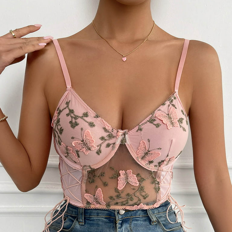 Mesh Bras for Women Lingerie Hollow Vest Mesh See-through Butterfly  Embroidery Girdle Suspender Corset Non Padded Underwired Unlined Bra