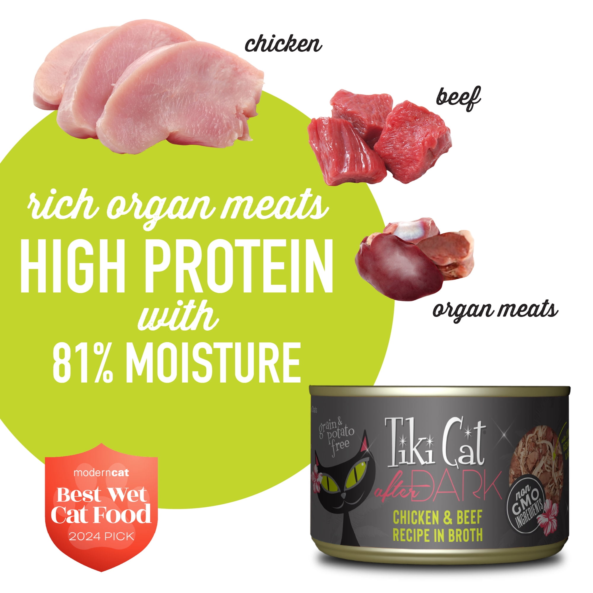 (6 pack) Tiki Cat After Dark Whole Foods Wet Cat Food, Chicken & Beef, 5.5 oz. Can