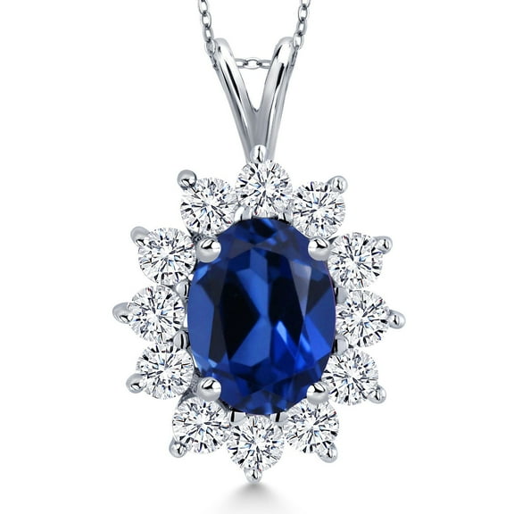 Gem Stone King 925 Sterling Silver Blue Simulated Sapphire and White Zirconia Pendant Necklace for Women (2.25 Cttw, Gemstone Birthstone, Oval 8X6MM, with 18 inch Chain)