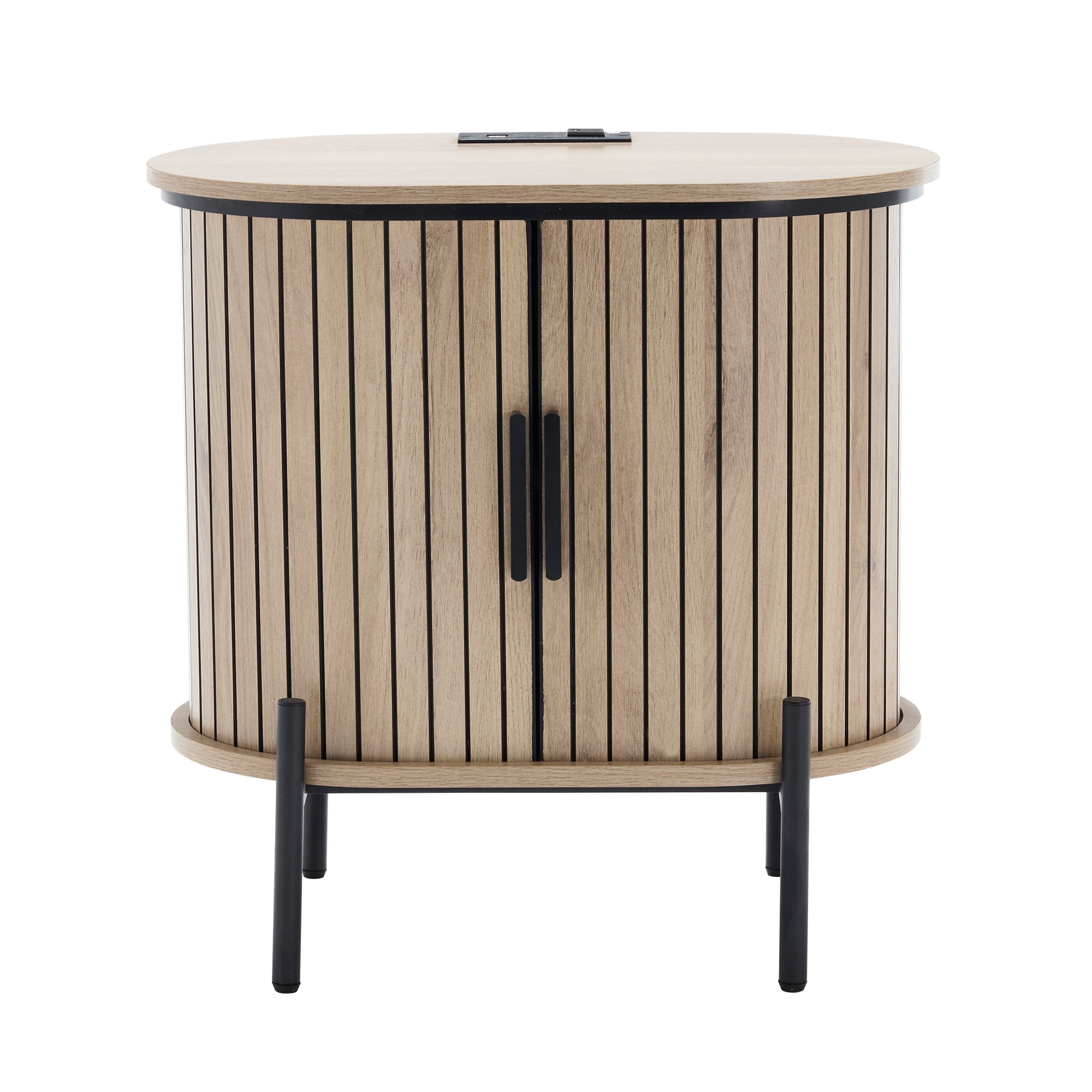 Ebello Nightstand with Built-in Charging Station, Modern Oval End Table with Storage, Sliding Door & Raised Base for Bedroom and Entryway, Camel