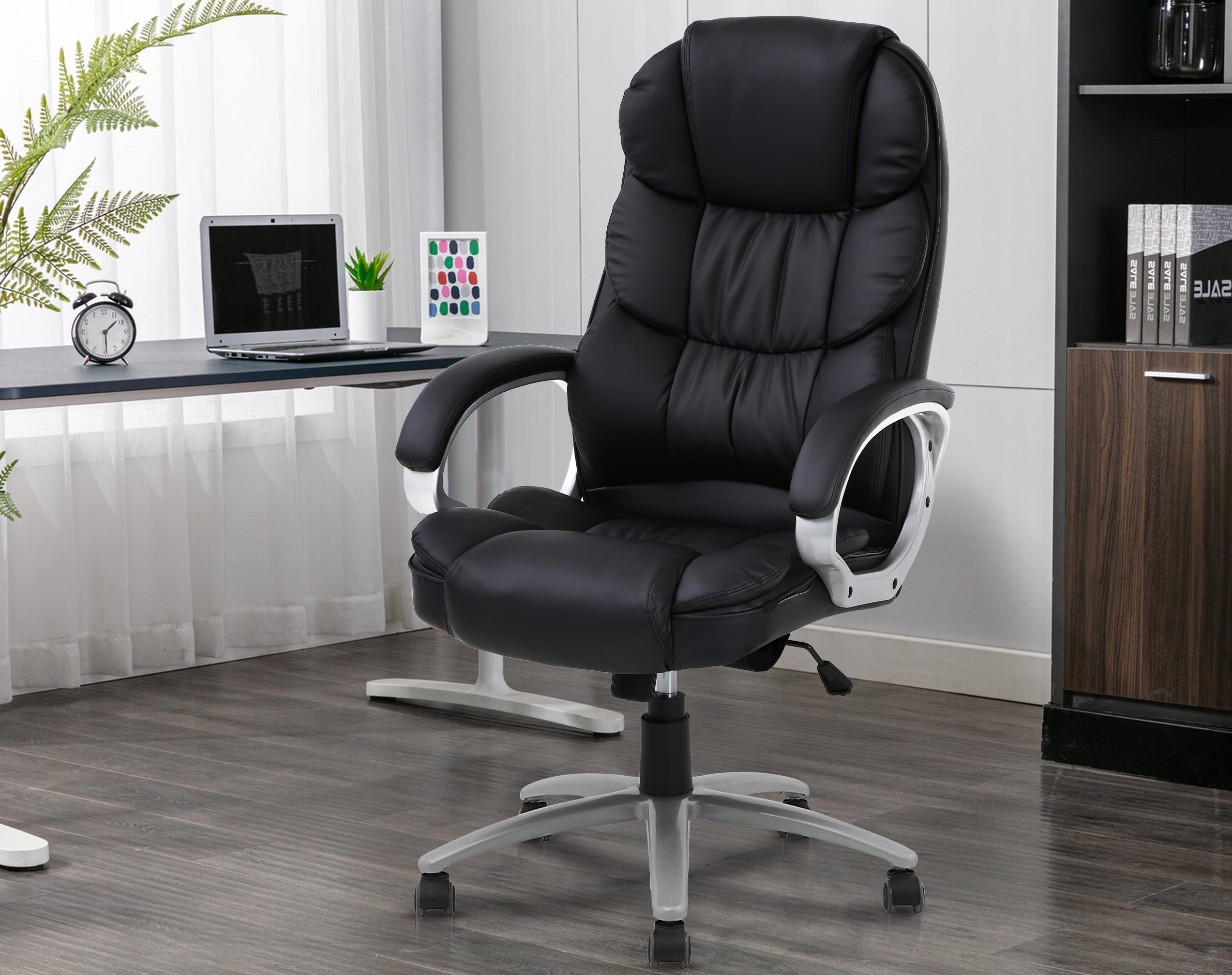 CL.HPAHKL Ergonomic Adjustable PU Leather High Back Home Office Desk Chair, Black Set of 1
