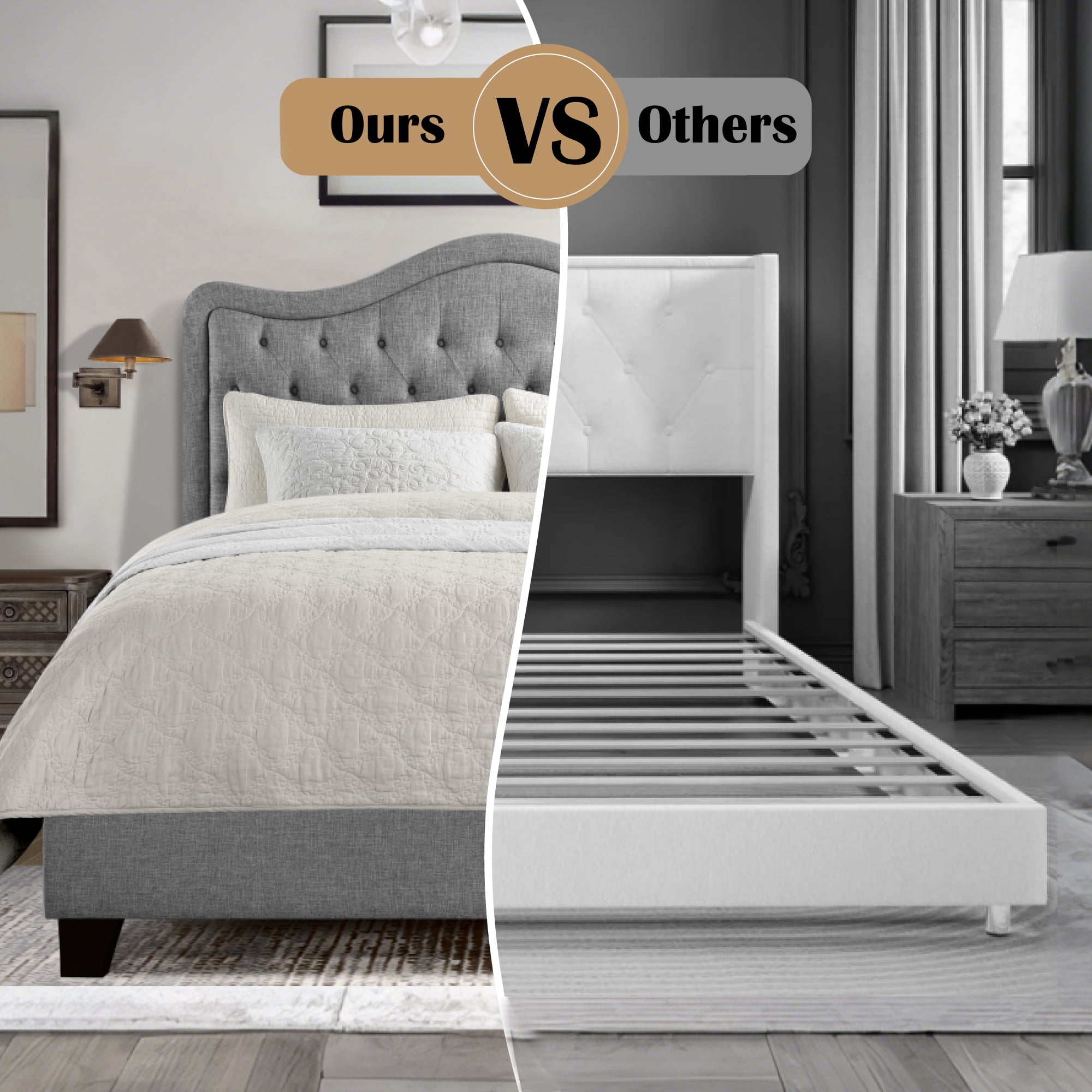 BSHTI Livingroom Modern Twin Size Metal Platform Bed Frame with Upholstered Headboard and wood slats support for Livingroom, Box Spring Required