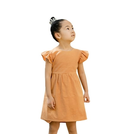 

TheFound Princess Summer Baby Girls Dress Ruffles Sleeve Solid Backless Bowknot Knee Length A-Line Dress