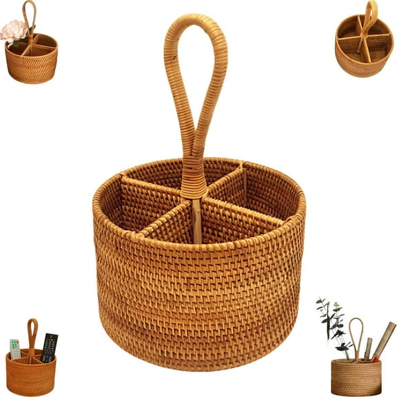 Wicker Silverware Caddy with Built-in Handle,Rattan Utensil Holder with 4 Compartments,Kitchen Utensil Holder for Countertop, Utensil Organizer for party, Natural Woven (Round A)