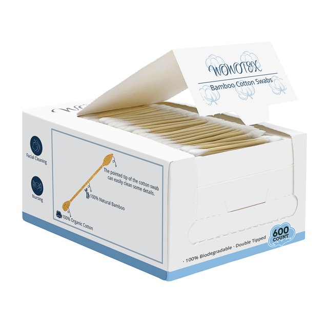WOWOTEX Bastoncillos de algodón de bambú, 600 unidades/1 caja, una punta puntiaguda y una punta redondeada, bastoncillos de algodón biodegradables con varillas de bambú orgánico para eliminar la cera