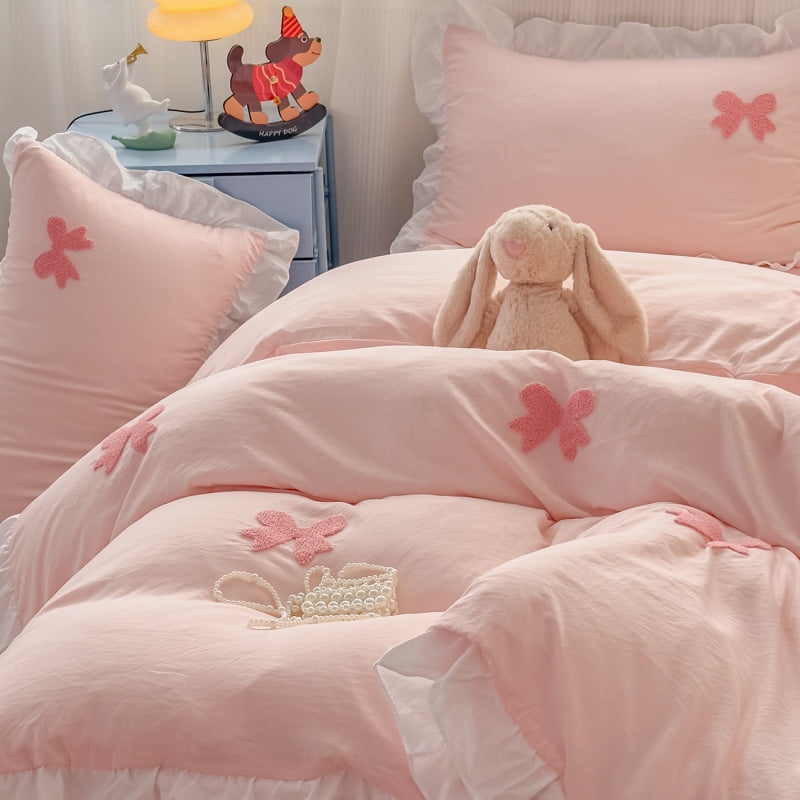 Ruffle Duvet Cover Twin Size 3 Pieces Pink Bow Duvet Cover Set Chic Textured Comforter Cover for All Season Cute Bedding Set with Zipper 2 Pillow Shams for Kids Girls Adult