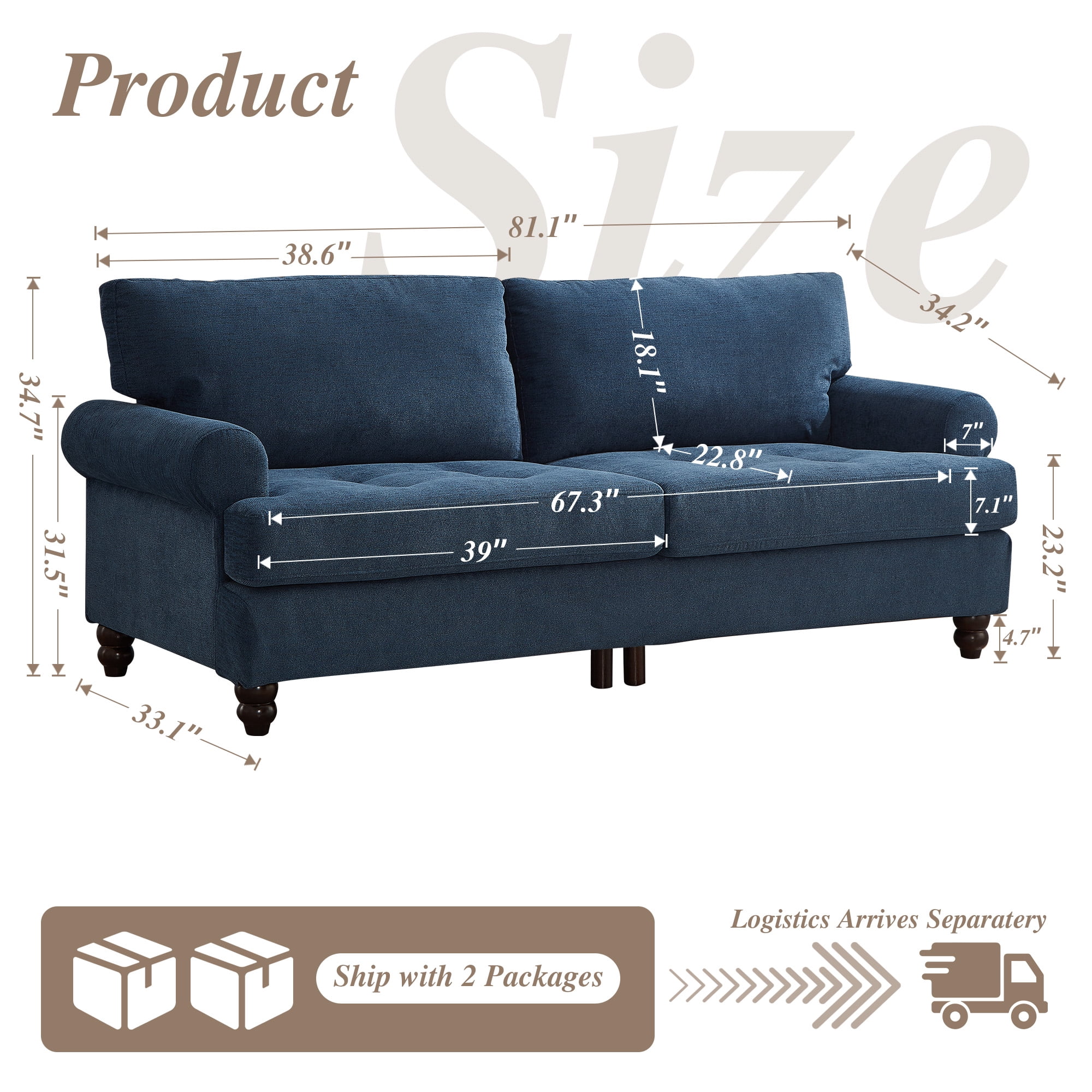 Me'on 81" Rolled Arm Sofa Couch with Storage, Mid Century Modern Decor Upholstered Couches for Living Room, Button Tufted Loveseat for Bedroom, Blue