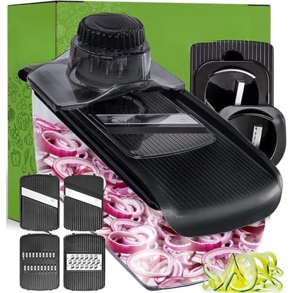 Mandoline Slicer for Kitchen, Fruit Cutter, Cheese Grater, Cucumber Slicer, Veggie Spiralizer, Food Cutter & Kitchen Gadgets & Gifts with Safety Glove (6 in 1, Black)
