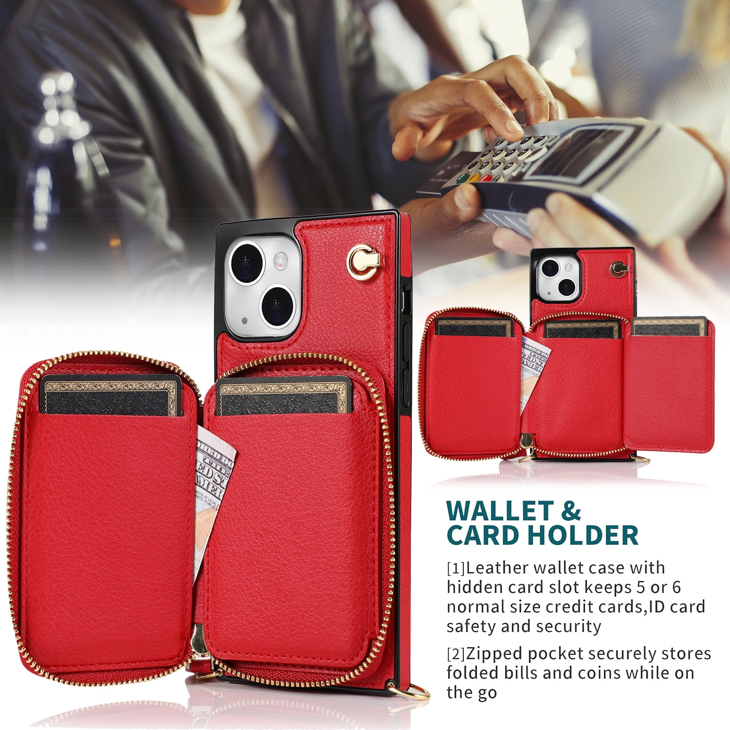 TECH CIRCLE For iPhone 12 Pro Wallet Case,Card Holder Phone Case for Women, Zipper PU Leather Purse Kickstand Folio Flip Case with Crossbody Strap for Apple iPhone 12 Pro 6.1" 2020,Red