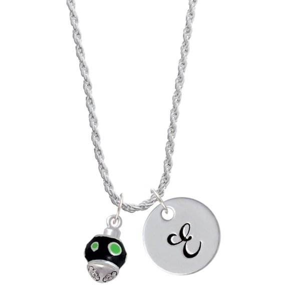 Delight Jewelry Silvertone Lime Green Dots on Black Spinner Silvertone Script Initial Disc - E - Charm Necklace, 20"+3"