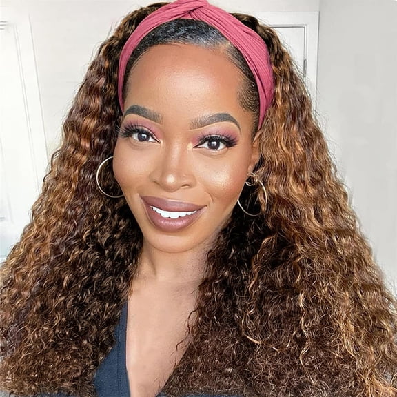 JOFMWIX Highlights Ombre Headband Wig Human Hair Deep Wave 24 inch None Lace Front Wig Machine Made Wigs P4/27 Blonde Curly Headband Half Wigs for Black Women Human Hair