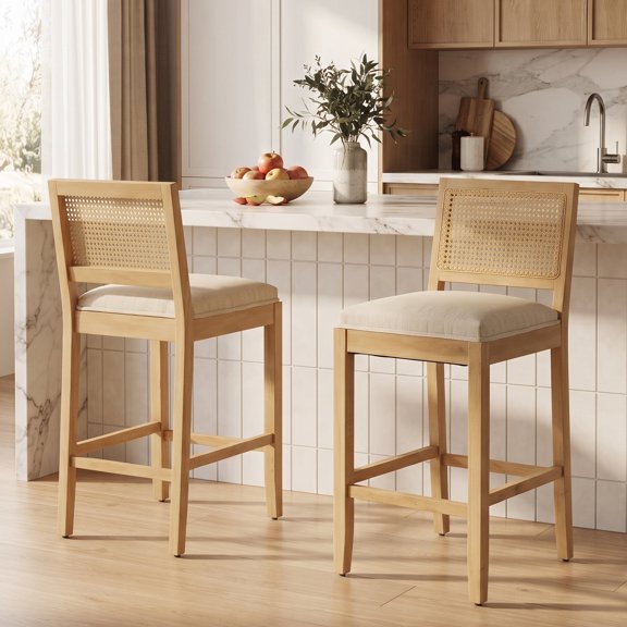 26" Rattan Counter Bar Stools Set of 2, Farmhouse Mid Century Modern Kitchen Island Chairs, Hand Woven Cane Back Linen Upholstered Bar Stools with Wood Legs, Beige