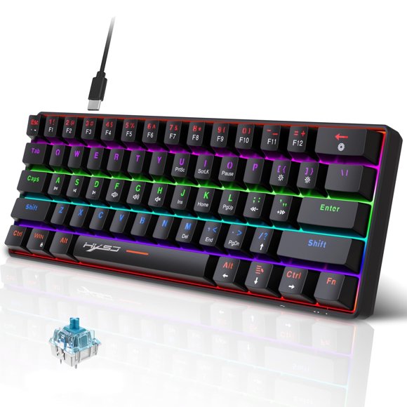 UHM 60% Teclado Mecánico para Juegos con Cable, Mini Teclado Retroiluminado RGB con Interruptor Azul/teclas Multimedia, Teclado Pequeño Ultracompacto Impermeable de 61 Teclas para Jugadores de PC/Mac, Mecanógrafo, Viajes, Negro