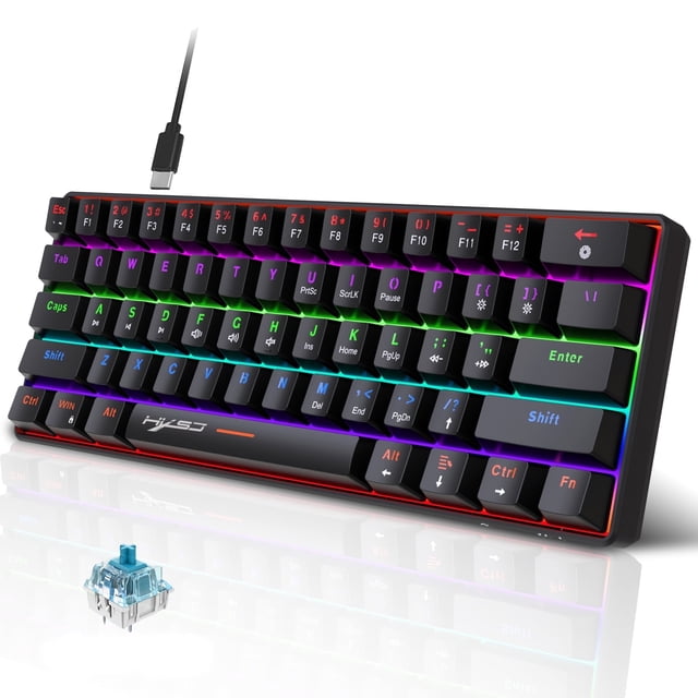 UHM 60% Teclado Mecánico para Juegos con Cable, Mini Teclado Retroiluminado RGB con Interruptor Azul/teclas Multimedia, Teclado Pequeño Ultracompacto Impermeable de 61 Teclas para Jugadores de PC/Mac, Mecanógrafo, Viajes, Negro