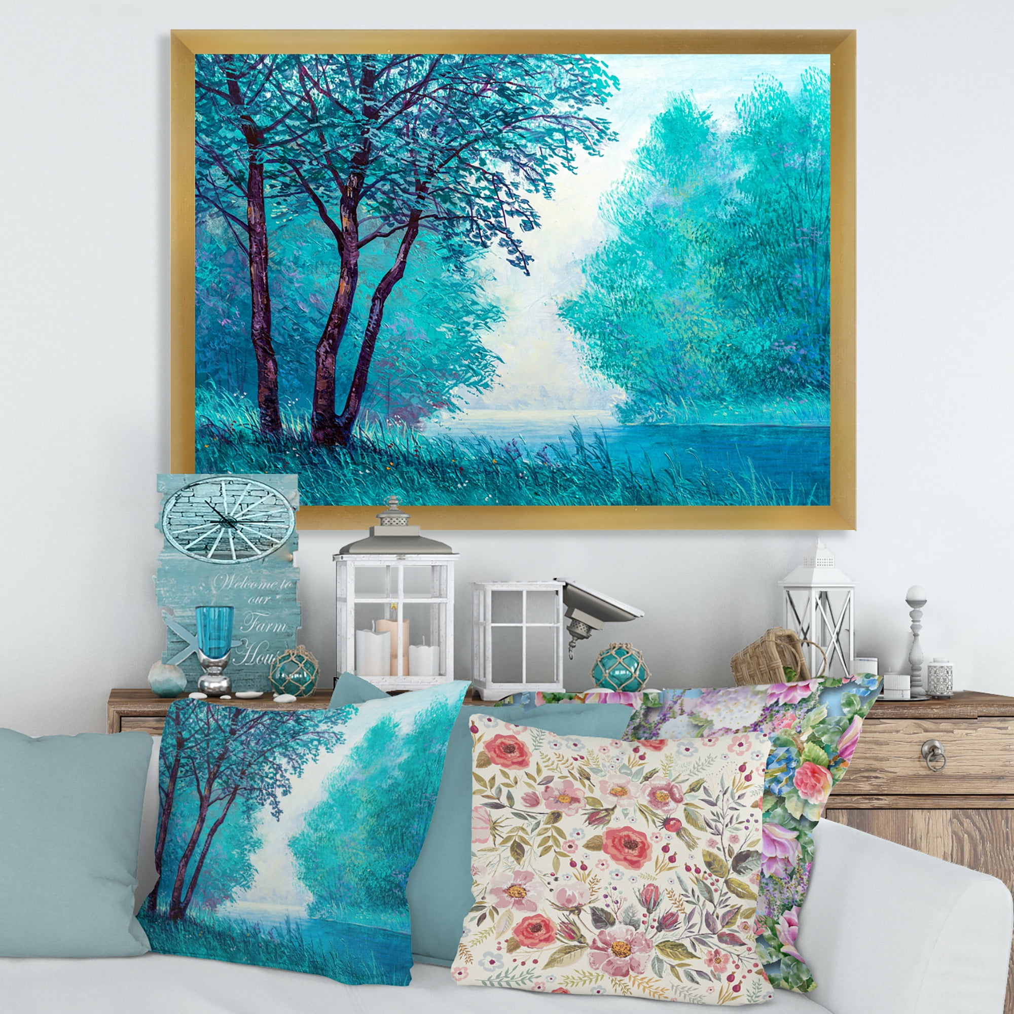 Designart 'Blue Coloured Tree Impression By Riverside' Lake House Framed Art Print