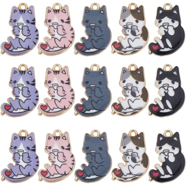 1 caja de 30 dijes de gato en 5 colores, dijes para mascotas, pequeños dijes de aleación de esmalte, mini animales lindos, dijes para mascotas en blanco y negro.