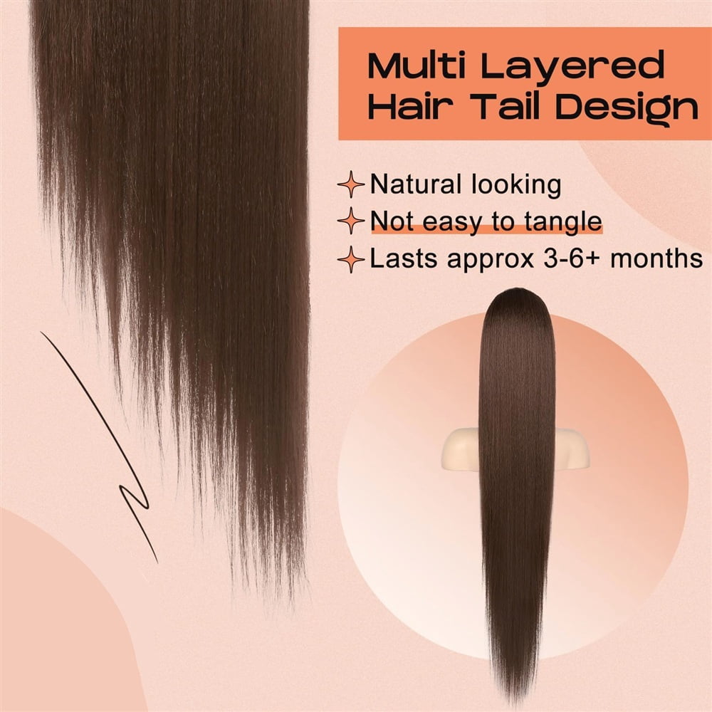 Brazilian Human Hair Ponytail Hairpiece 16-26 Inch Long Straight Drawstring Ponytail Extensions #4 Medium Brown