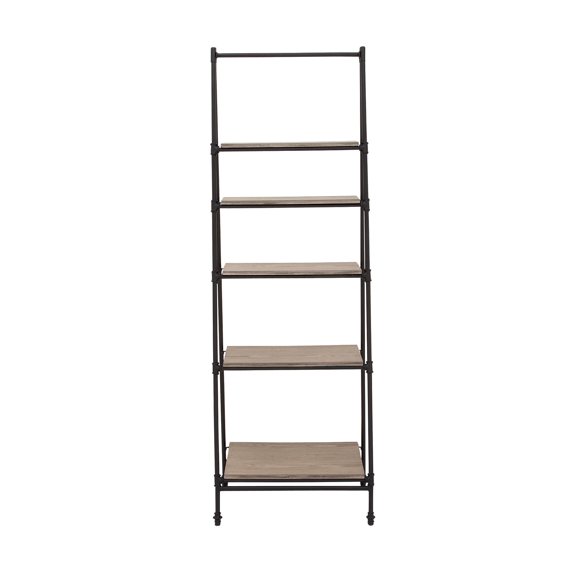 DecMode 24" x 72" Black Metal Leaning Ladder 5-Tier Shelving Unit with Wooden Shelves, 1-Piece