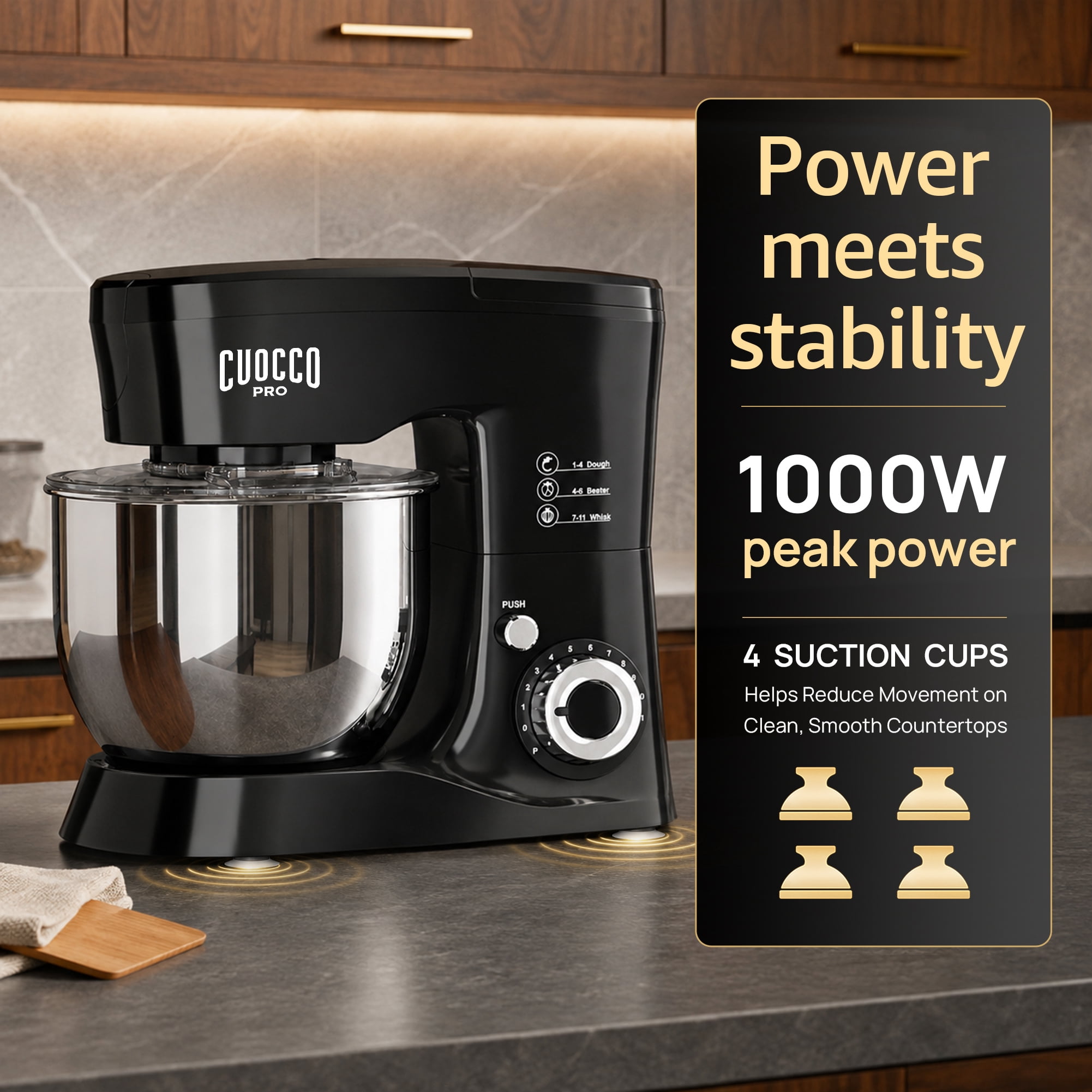 CUOCCO PRO 5.5 Qt Stand Mixer, Mixers for Kitchen, Handles Up to 800g/1.76 lb Dry Flour, 1000W Peak, 11 Speeds + Pulse, Dough Hook, Beater & Whisk for Bread & Pizza, Cake & Cookies