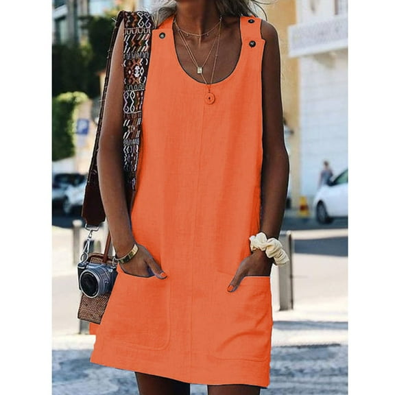 IDALL Summer Dresses,Sundresses for Women Crew Neck Women Dresses Shift Daily Casual Button Plain Cotton Dresses Beach Dress,Petite Dresses,Womens Dresses Orange Dress XL
