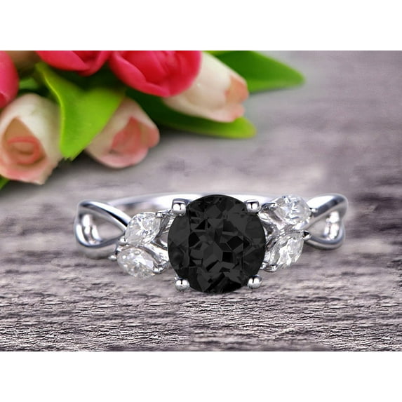 1.50 Carat With Moissanite Diamonds Flower Marquise Cut 10k White Gold Black Diamond Moissanite Engagement Rings