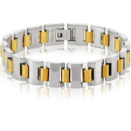 Crucible Two-Tone Dual-Finish Stainless Steel Cylinder Link Bracelet (13mm), 8.5