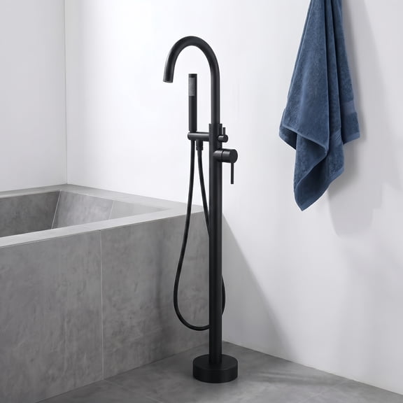 Modern Solid Brass Freestanding Tub Filler with Hand Shower Single Handle Floor Mounted Bathtub Faucet in Matte Black