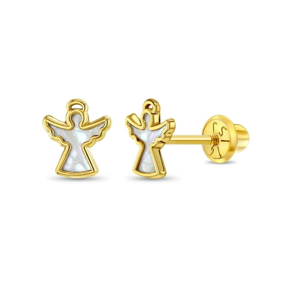 14k Gold Mother of Pearl Angel Kids / Children's Earrings Safety Screw Back
