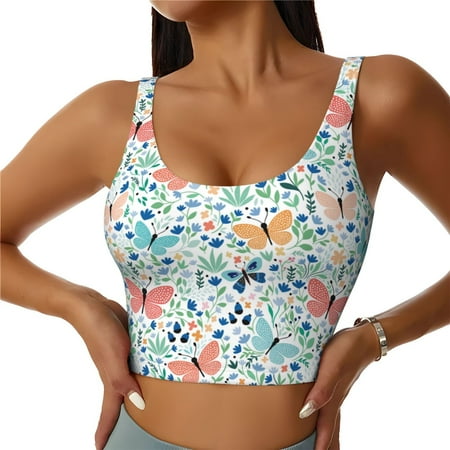 Jgfou Butterflies Print Womens Sports Bra - Padded Workout Sports Bras Crop Tank Top